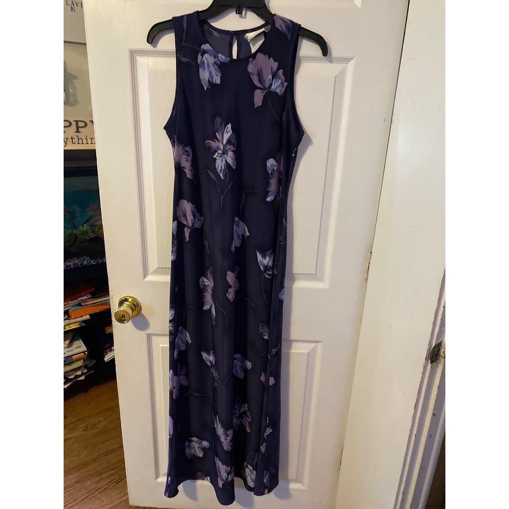 Vintage Fashion Bug Navy Blue Purple Floral Maxi Dress Sleeveless 14 90s Column